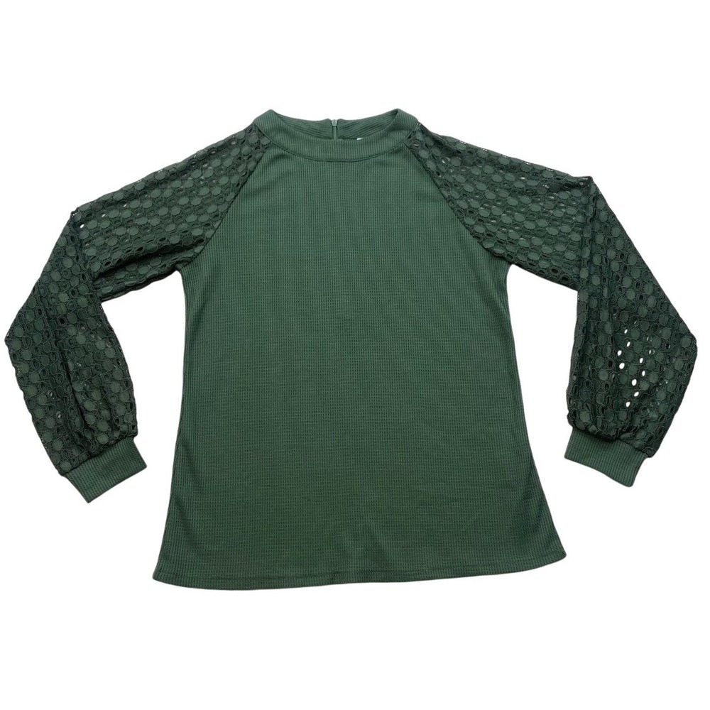 Green Lace Sleeve Top Womens Small Waffle Knit Raglan Blouse